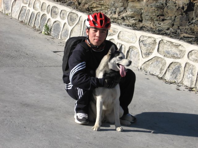 与可爱的哈士奇合影